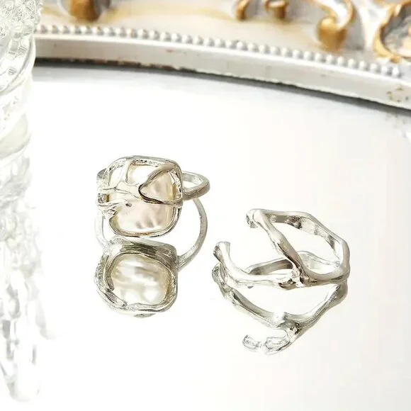 2pc Ring Set Pearl SIlver Adjustable Modern Boho Glam Style Fab Unique Hollywood - Picture 3 of 4